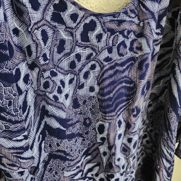 PARKER Mini Dress Cold Shoulder 100% Silk Ruffle Flared Sleeve Abstract Art Blue - Picture 8 of 10